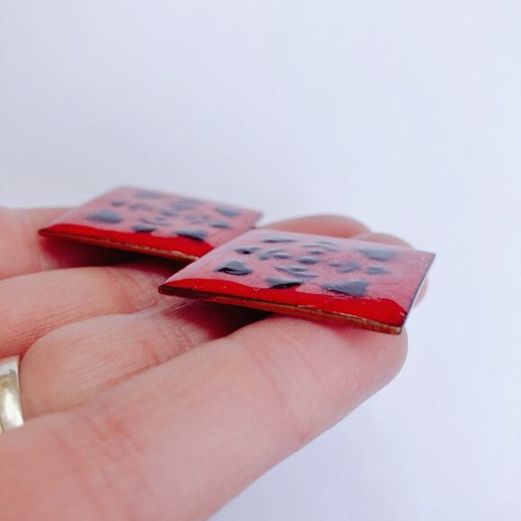 VTG Mid Century Red Enamel Copper Screw Back Earring Modernist Geometric Jewelry - Picture 3 of 8